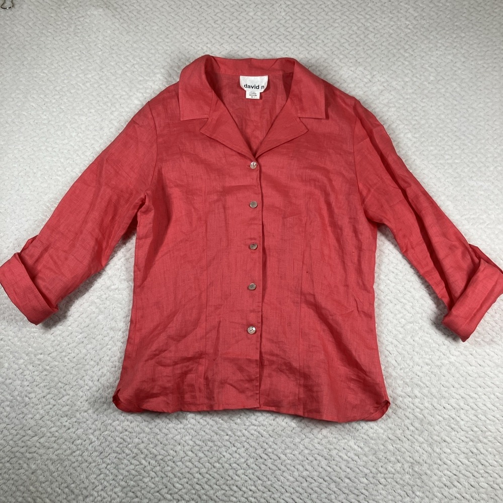David N Linen Button Down 3/4 Sleeve V-Neck Pink Small Coastal Breathable
